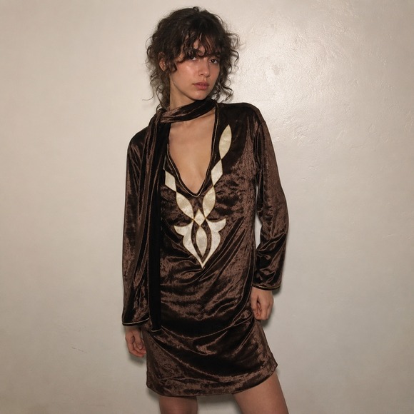 Oscar de la Renta Dresses & Skirts - Vintage 70s Oscar de la Renta Womens Dress Large Brown Velvet Embroidered Caftan